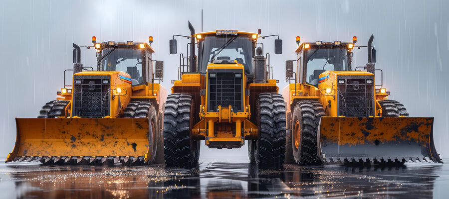 Fleet of three yellow tractors at heavy equipment sales shop