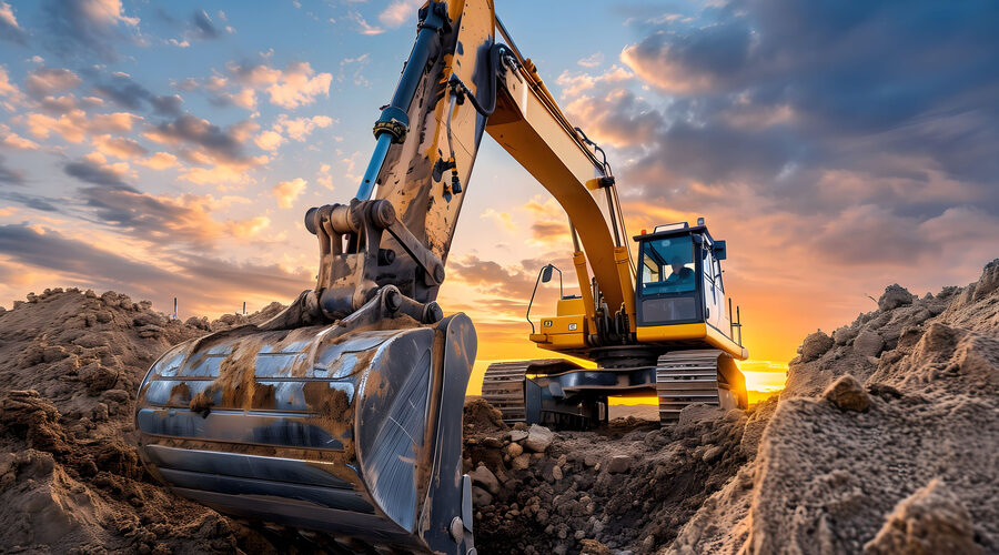A yellow excavator is digging in the ground,
