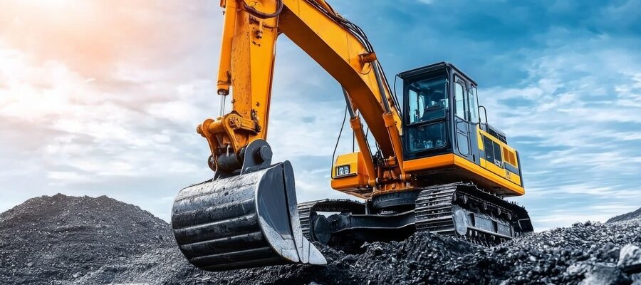 Well maintained excavator digging in an open pit coal mine.