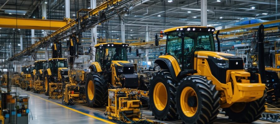 A factory with many yellow tractors on a conveyor belt while running new heavy equipment sales