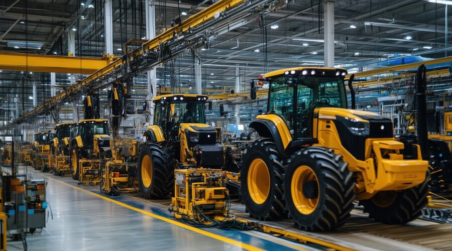 A factory with many yellow tractors on a conveyor belt while running new heavy equipment sales