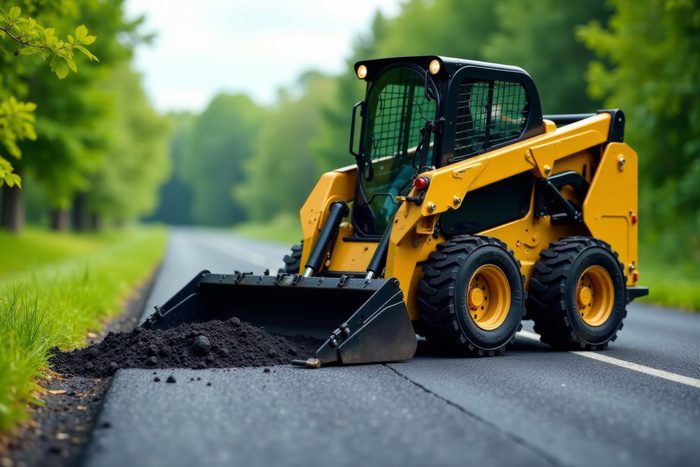 Skid steer loader with front end attachment paving a freshly laid asphalt road, road construction, paving, equipment