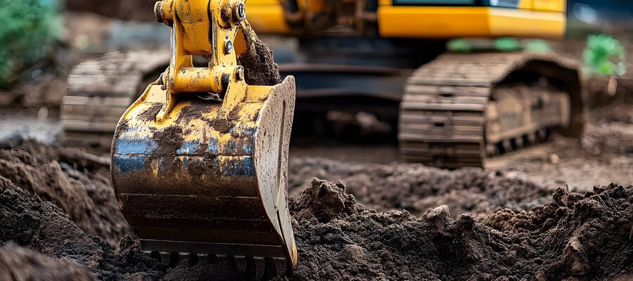 Close-up of yellow excavator digging soil, performing earthwork