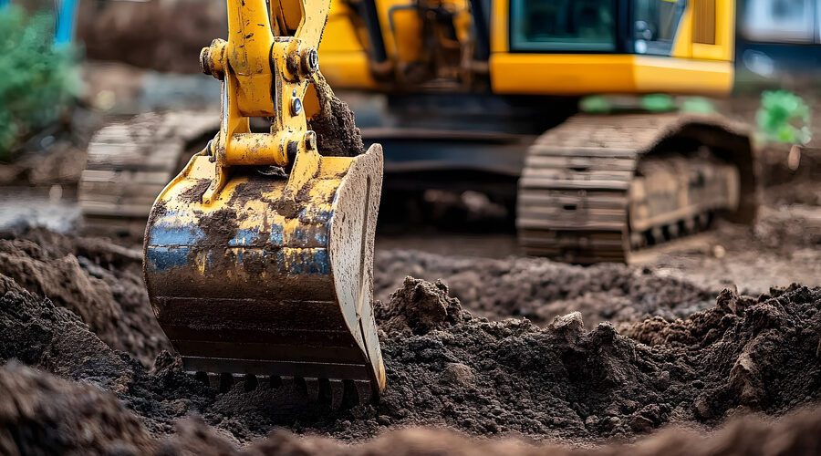 Close-up of yellow excavator digging soil, performing earthwork