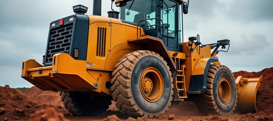 Powerful yellow heavy construction vehicle moves earth at construction site. Large earthmoving machine levels ground. Construction machinery works hard for development project