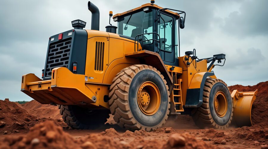 Powerful yellow heavy construction vehicle moves earth at construction site. Large earthmoving machine levels ground. Construction machinery works hard for development project