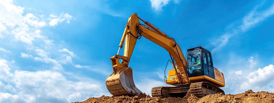 An excavator moves dirt on a construction site
