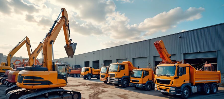 Many bright yellow heavy construction machines stand at construction site. Trucks parked alongside large warehouse.