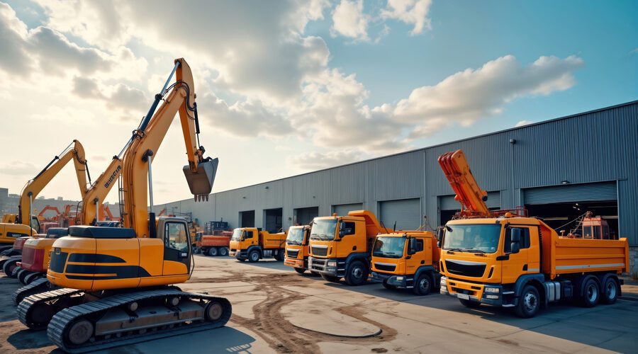 Many bright yellow heavy construction machines stand at construction site. Trucks parked alongside large warehouse.