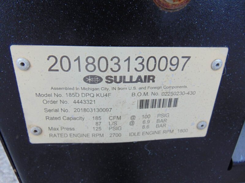 2018 SULLAIR 185D PORTABLE TRAILER MOUNTED AIR COMPRESSOR - 185 CFM - KUBOTA DIESEL - ONLY 1,950 HOURS - Image 11