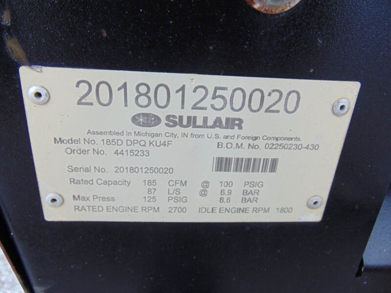 2018 SULLAIR 185D PORTABLE TRAILER MOUNTED AIR COMPRESSOR - 185 CFM - KUBOTA DIESEL - ONLY 1,950 HOURS - Image 10