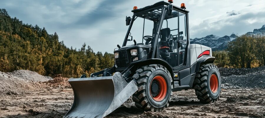 A compact skid-steer loader with a front-mounted bucket attachment, parked on a rugged construction site