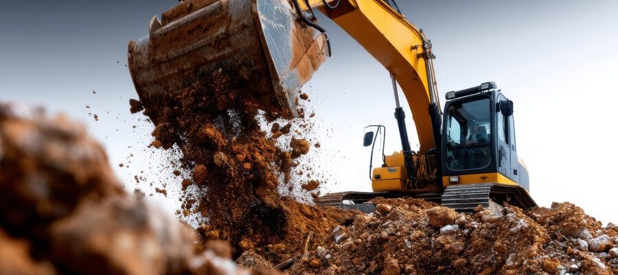 A large yellow excavator is digging into the ground