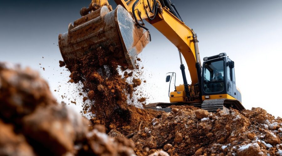 A large yellow excavator is digging into the ground