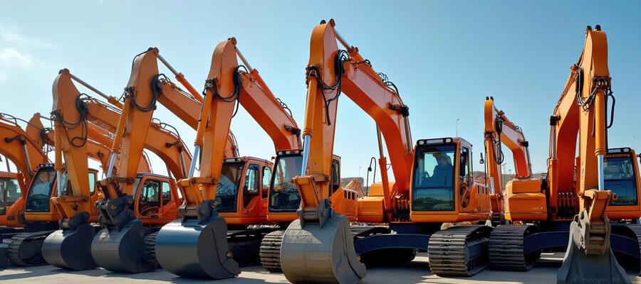 Row of excavators in parking lot