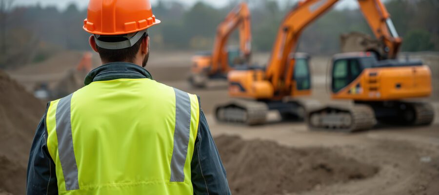Construction worker in orange hard hat, yellow safety vest watches excavators on dirt site.
