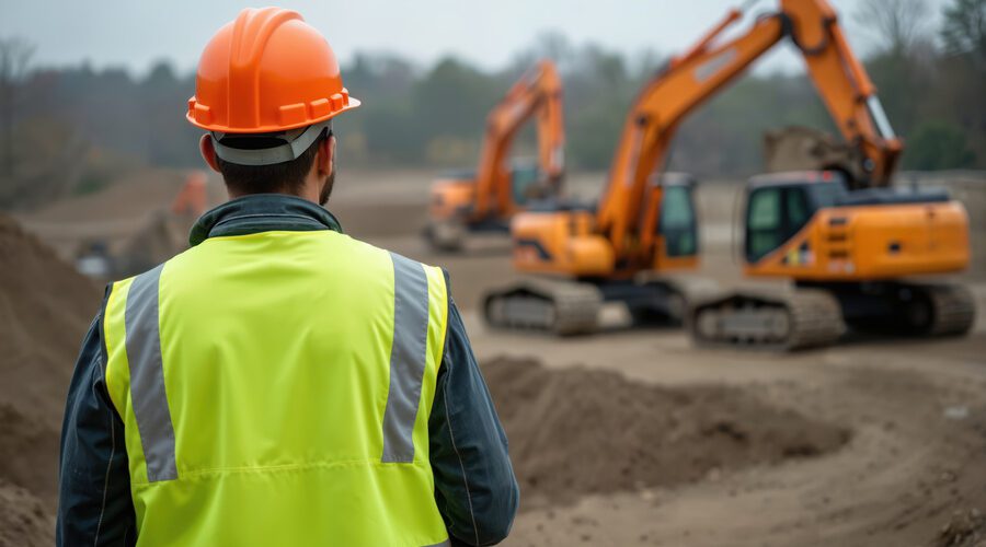 Construction worker in orange hard hat, yellow safety vest watches excavators on dirt site.