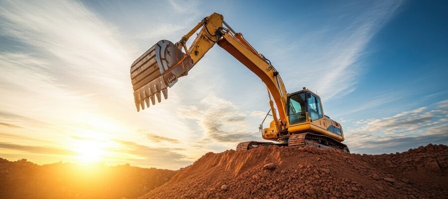 Excavator on a construction site at sunset, heavy equipment