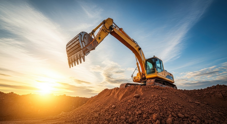 Excavator on a construction site at sunset, heavy equipment