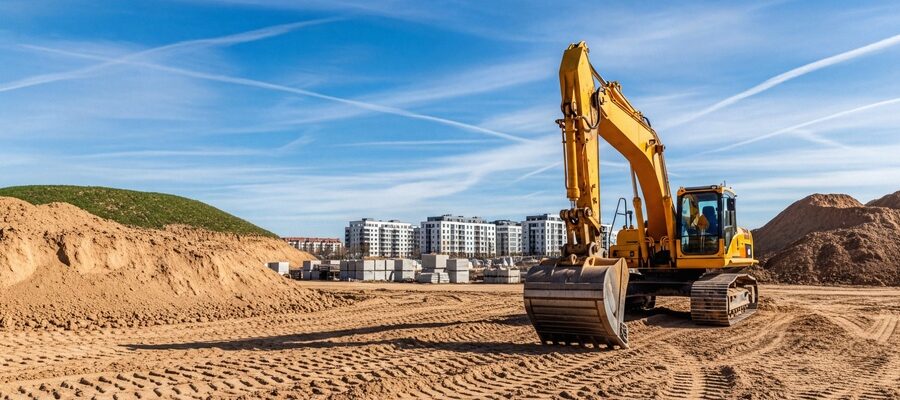 Yellow Hydraulic Excavator at Active Construction Site