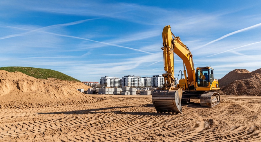 Yellow Hydraulic Excavator at Active Construction Site