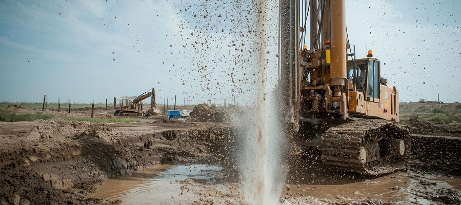 Heavy machinery drilling for artesian well water supply, showcasing water