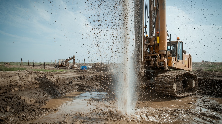 Heavy machinery drilling for artesian well water supply, showcasing water