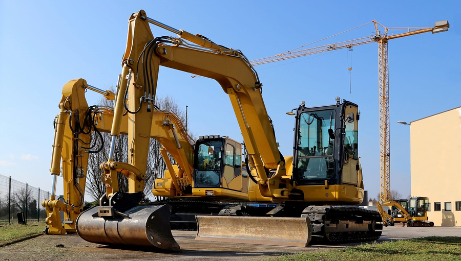 Brand new excavators parked